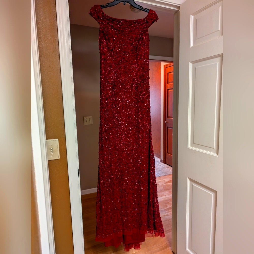 Adrianna Papell off the shoulder sequin beaded gown
